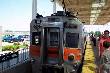 The cab car of the South Shore Line train which brought us to Micheana.  Kevin Korell and son Michael stand to the right.