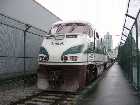 Amtrak #517, Cascades service, sits at Vancouver's Pacific Central Station. EMD F59PHI locomotive leads a 12-car Talgo train with a Non-Powered Control Unit bringing up the rear.