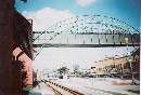 High skybridge over tracks at Downtown Riverside station